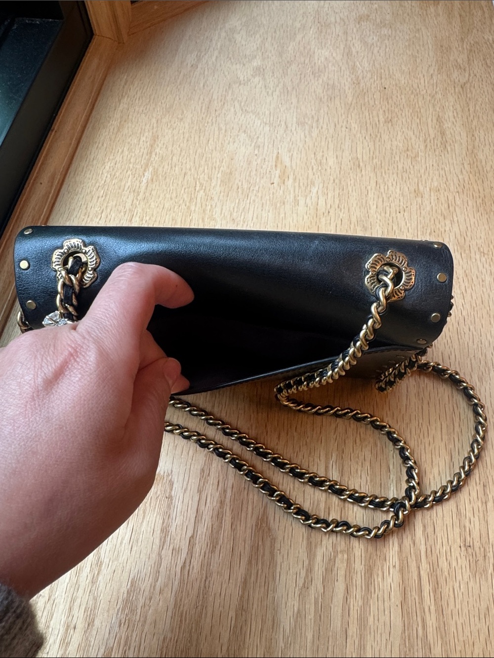 Coach Black Leather Chain-Handle Shoulder Bag with Gold Hardware - Picture 5 of 11